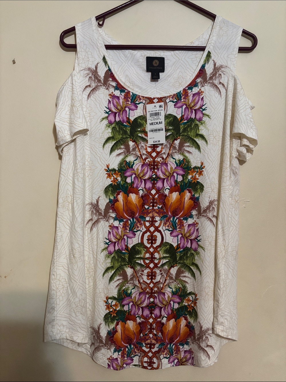 Coldwater Creek White Floral Cold-Shoulder Camisole with Orange & Purple Print